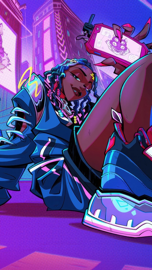 Fortnite character with futuristic city background