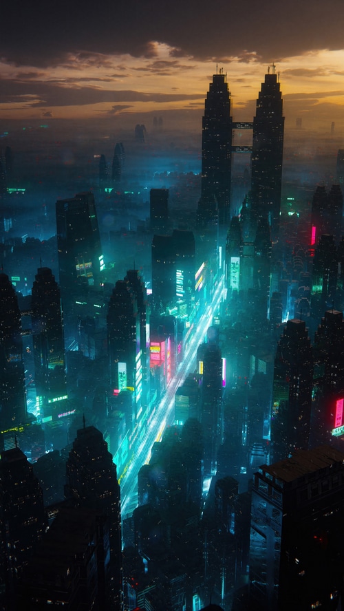 Sci-fi city with neon lights at dusk
