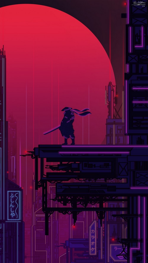 Samurai in a neon cyberpunk city at sunset