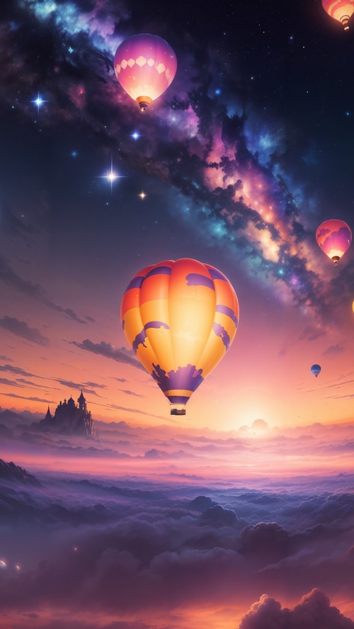 Hot air balloons in a starry sky over clouds
