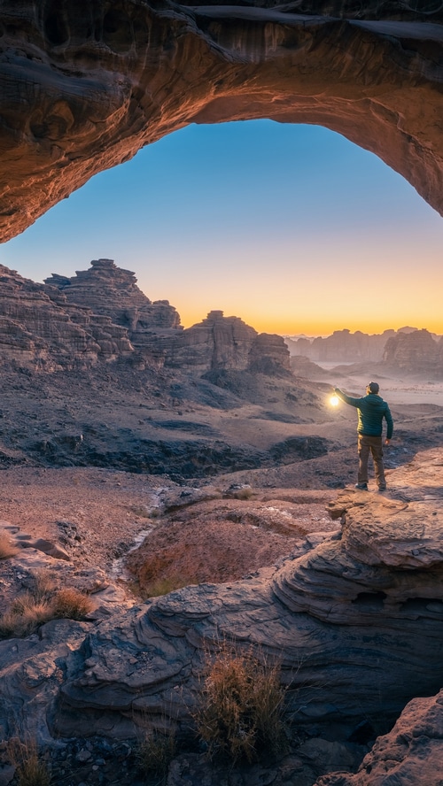 Man with lantern in desert rock formations at sunset