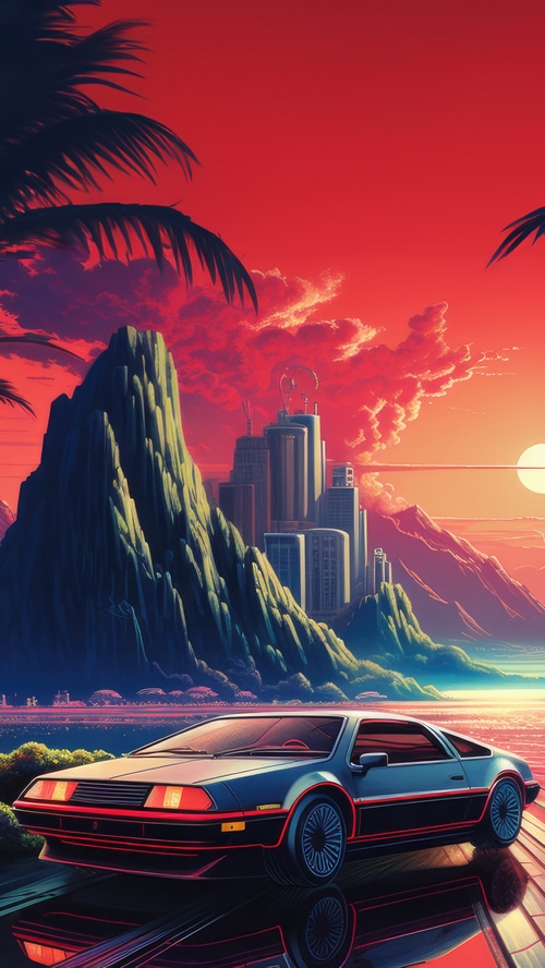 Retro car on a road with a city and mountains at sunset