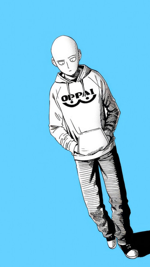 Saitama from One Punch Man wearing an Oppai hoodie