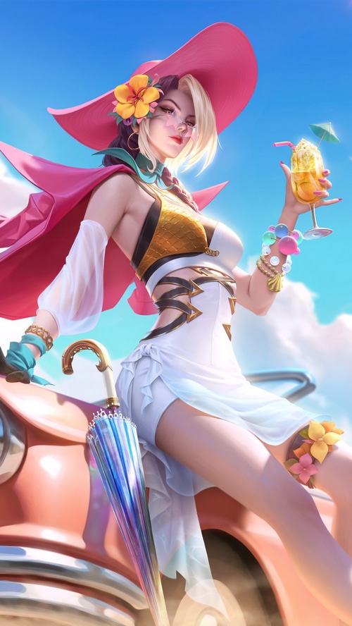 Honor of Kings character with a drink and umbrella