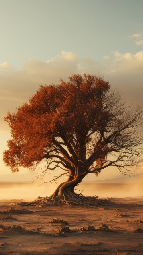 Digital artwork of a solitary tree in a desert landscape