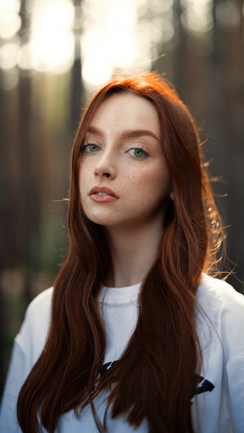 Redhead girl with freckles in a forest