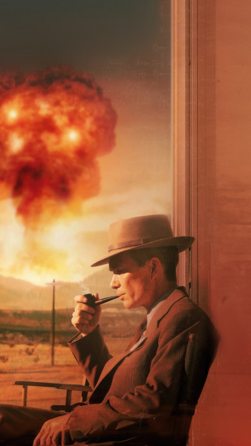 Oppenheimer smoking pipe with nuclear explosion in background
