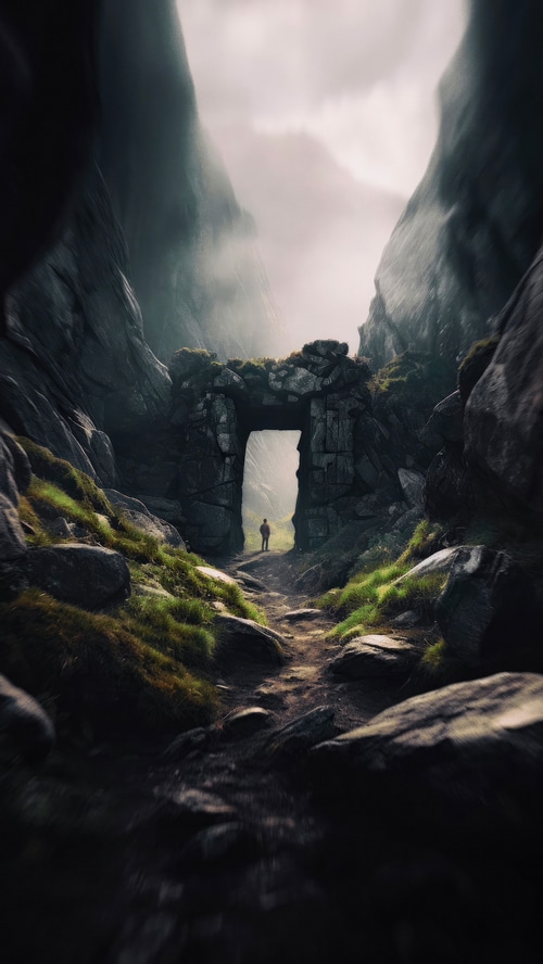 A lone figure stands before a stone archway in a misty mountain pass