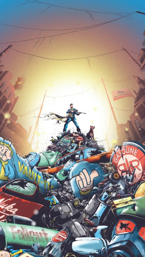 Fallout artwork of a survivor and dog on a pile of junk