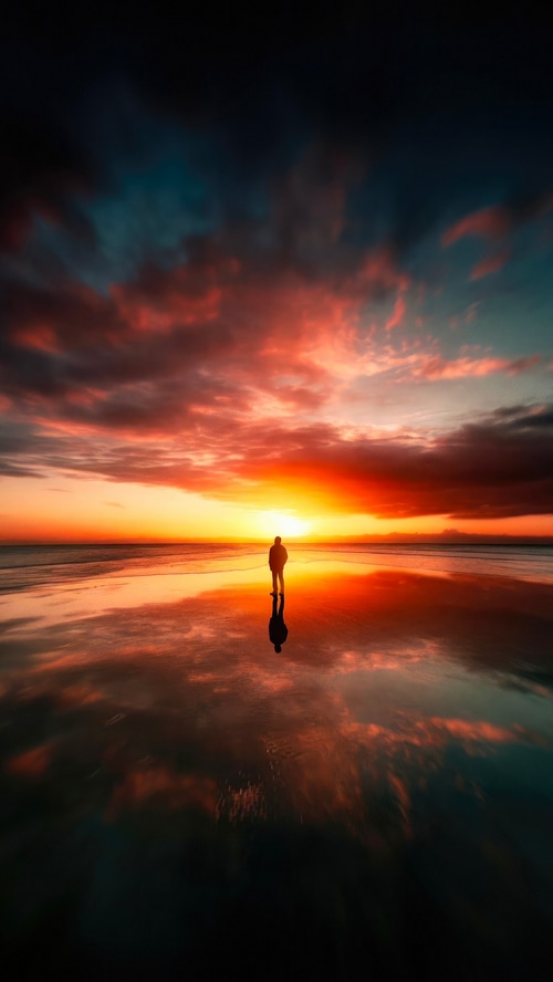 Silhouette of a person on a beach at sunset