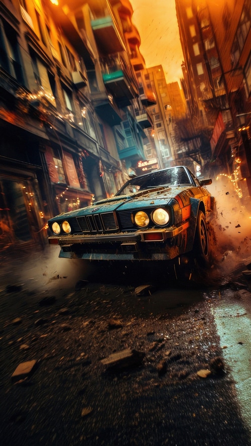 A blue BMW car driving through a city street