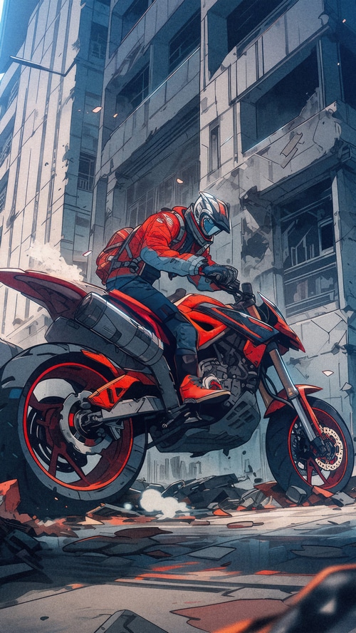 Motorcyclist in a Red Jacket in a Ruined City