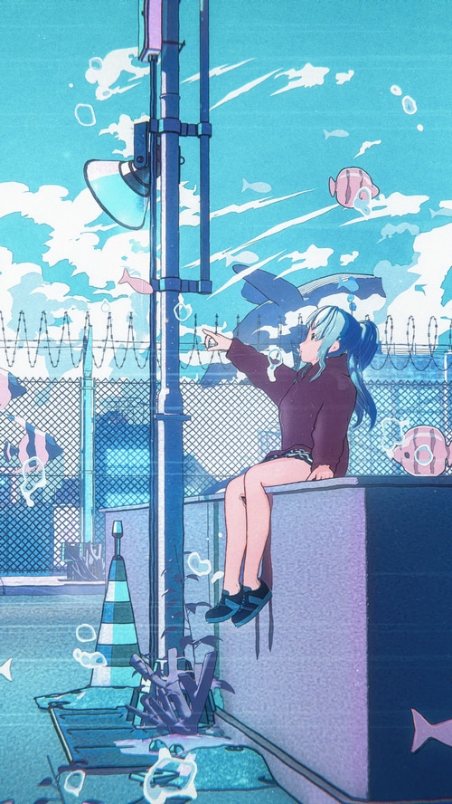 Anime girl sitting on a ledge with fish in the sky