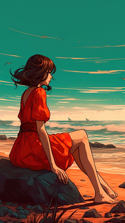 Woman in red dress sitting on a rock by the sea