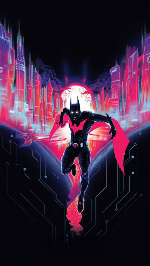 Batman Beyond running through a futuristic city