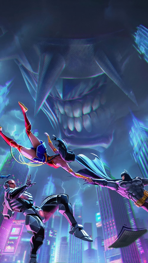 Batman, Wonder Woman, and Cyborg fight a giant monster