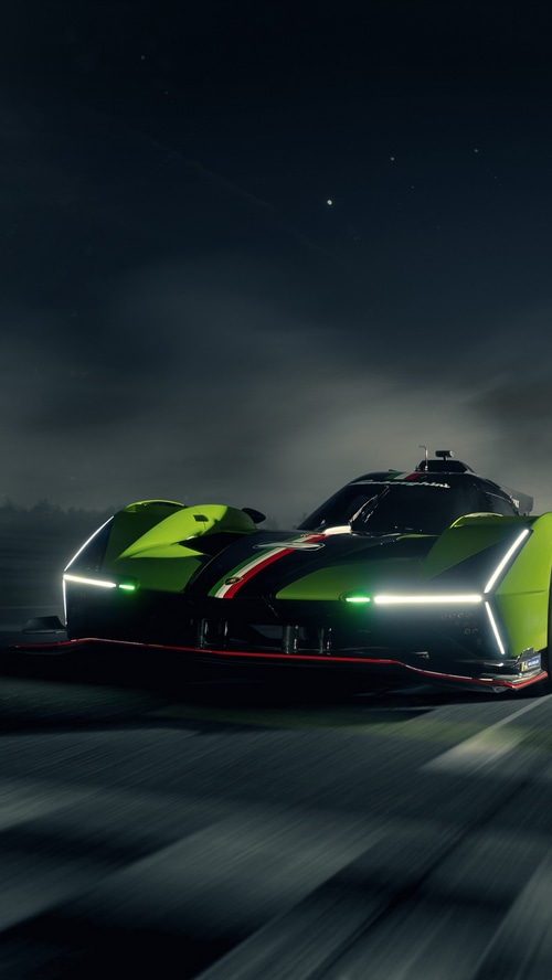 Lamborghini SC63 race car in motion at night