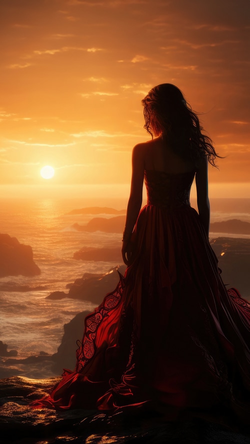 Woman in red dress overlooking the ocean at sunset