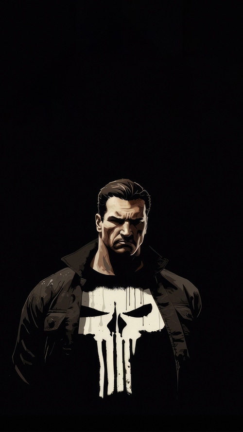 The Punisher with a skull logo on his shirt