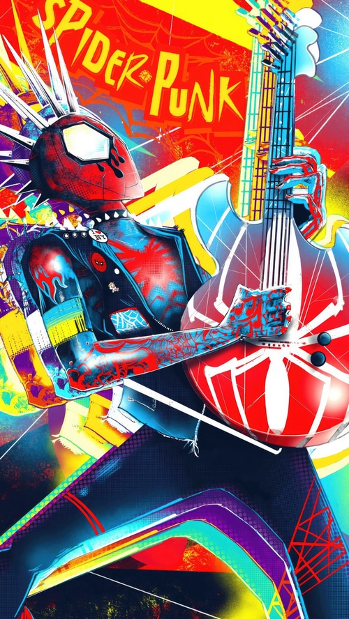 Spider Punk playing guitar in front of colorful background
