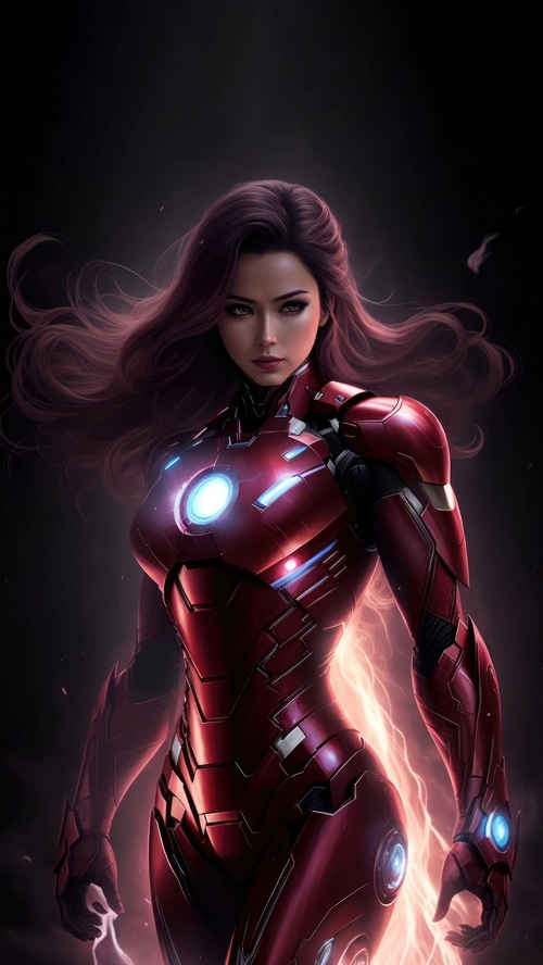 Woman in Iron Man Suit with Flowing Hair