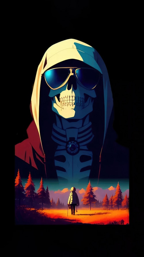 Skeleton in a hoodie and sunglasses