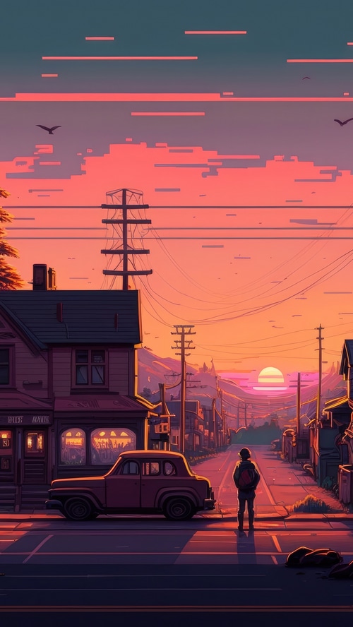 Person standing on street at sunset