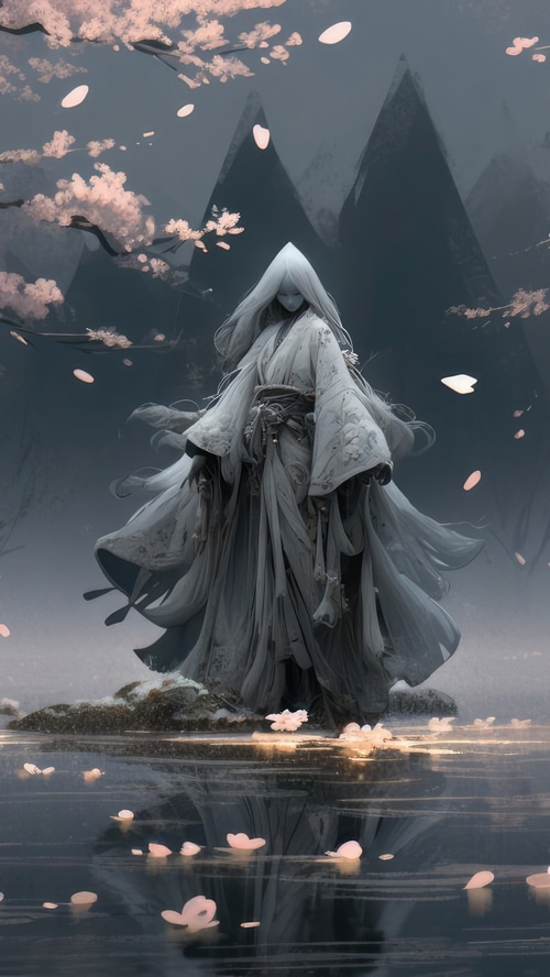 Anime girl in white kimono with cherry blossoms