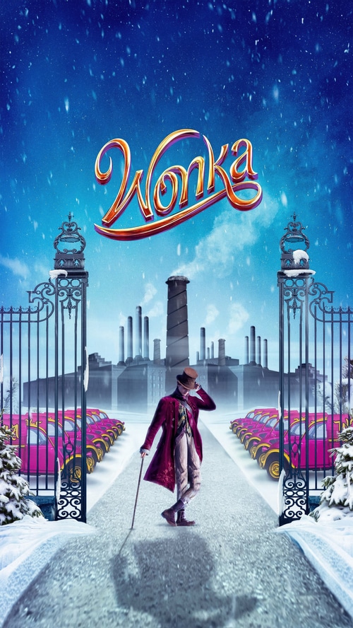 Wonka movie poster with snow