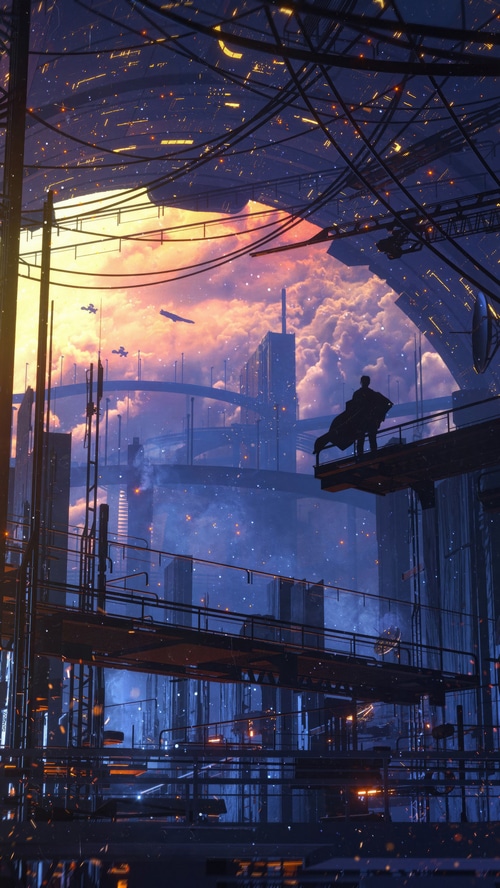 Cyberpunk city with a lone figure on a platform