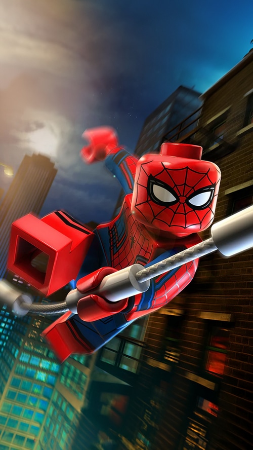 Lego Spiderman swinging through a city