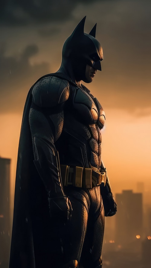 Batman standing on a rooftop at sunset