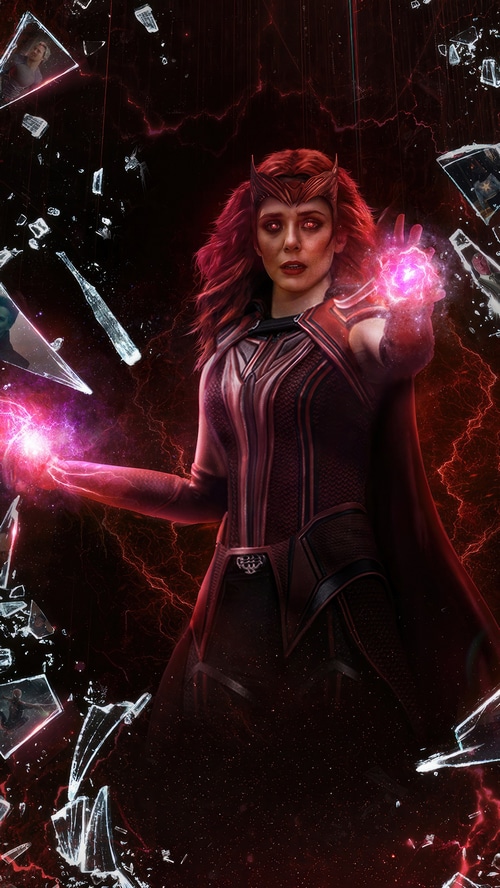 Scarlet Witch with magical energy and broken glass