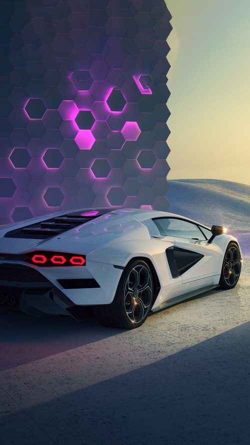 White Lamborghini Countach with Hexagonal Wall