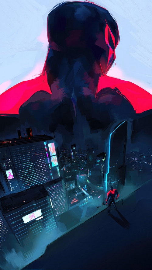 Spider-Man 2099 overlooking a futuristic city