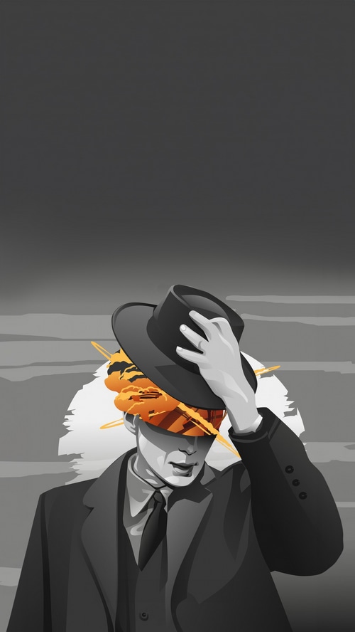 Oppenheimer Adjusting His Hat with Explosive Vision