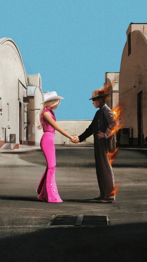 Barbie and Oppenheimer characters shaking hands