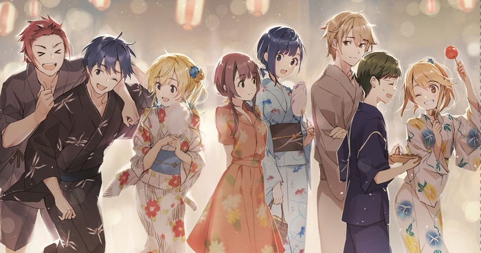 Group of friends in yukatas at a festival