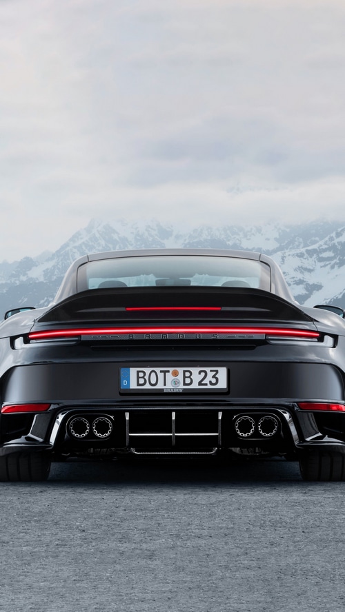 Brabus Porsche 911 rear view with mountains