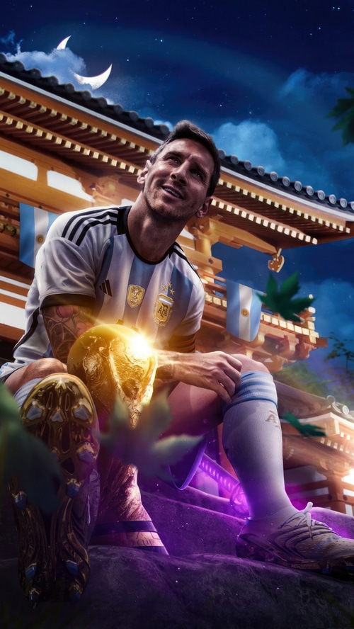 Lionel Messi with World Cup trophy in Japan