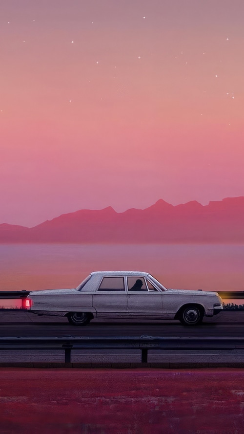 Synthwave artwork of a car driving at sunset