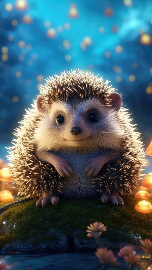Cute hedgehog in a magical forest at night