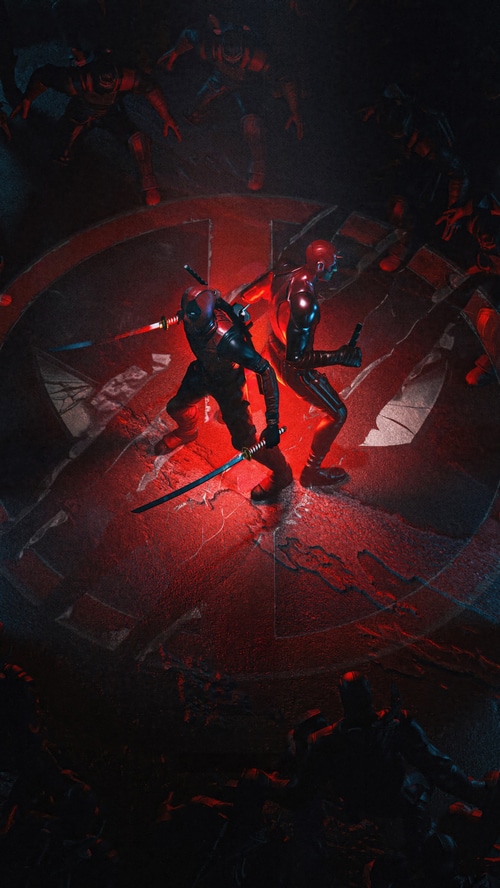Deadpool and Daredevil in a dark arena