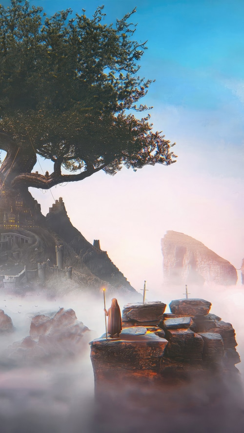 Fantasy landscape with a wizard and castles