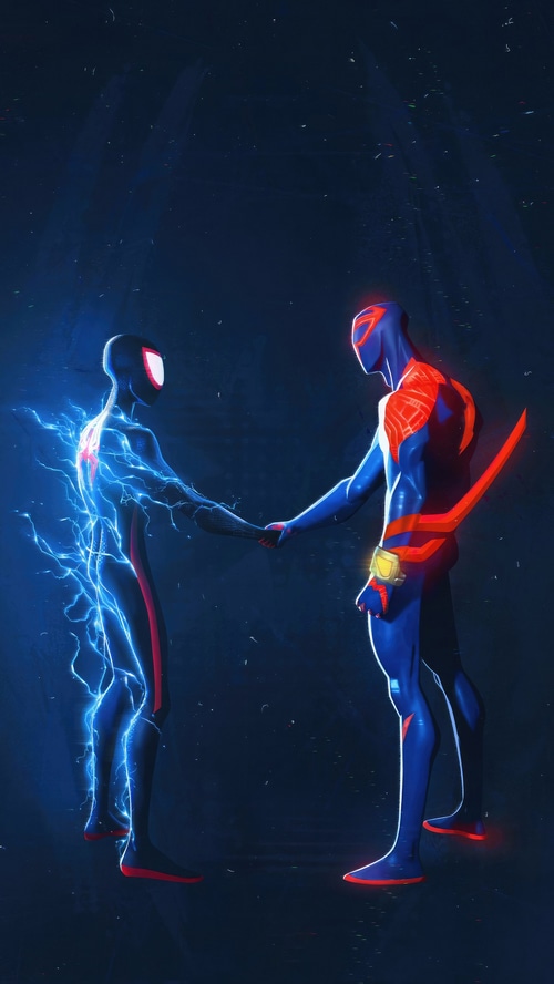 Miles Morales and Spider-Man 2099 shaking hands
