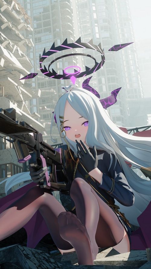 Anime girl with gun in ruined city