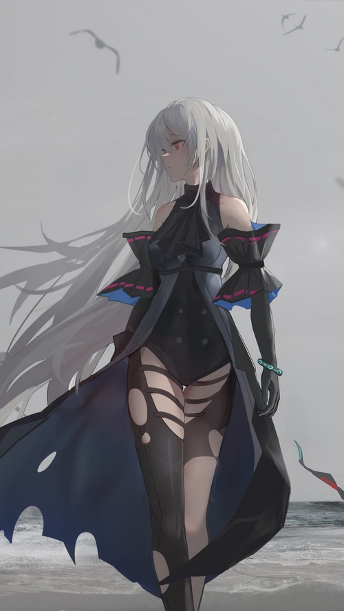 Arknights anime girl with white hair on beach