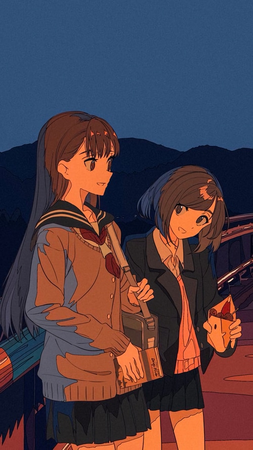 Anime girls walking at dusk