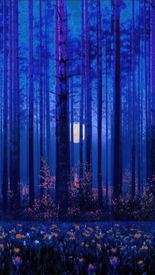 Digital art of a moonlit forest with flowers