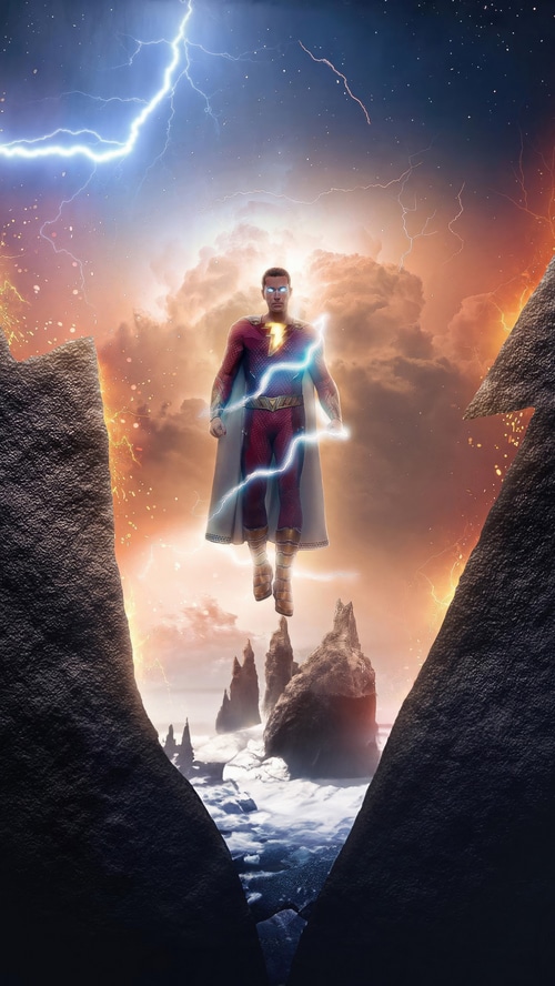 Shazam Flying Amidst Lightning and Clouds